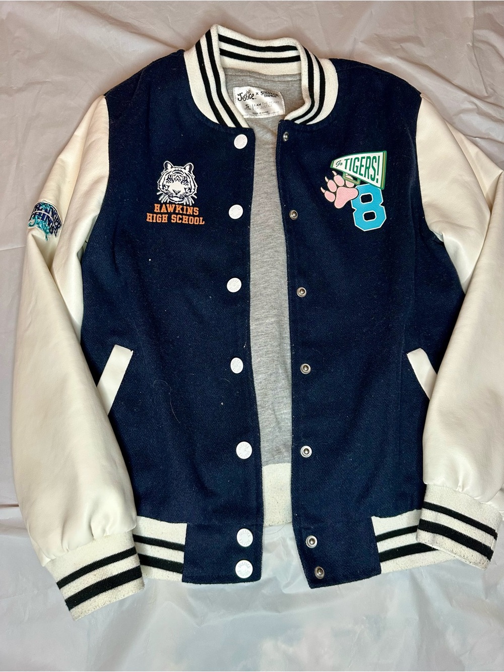 Justice Navy and White Girls' Varsity Jacket with Patch Details STRANGER THINGS
